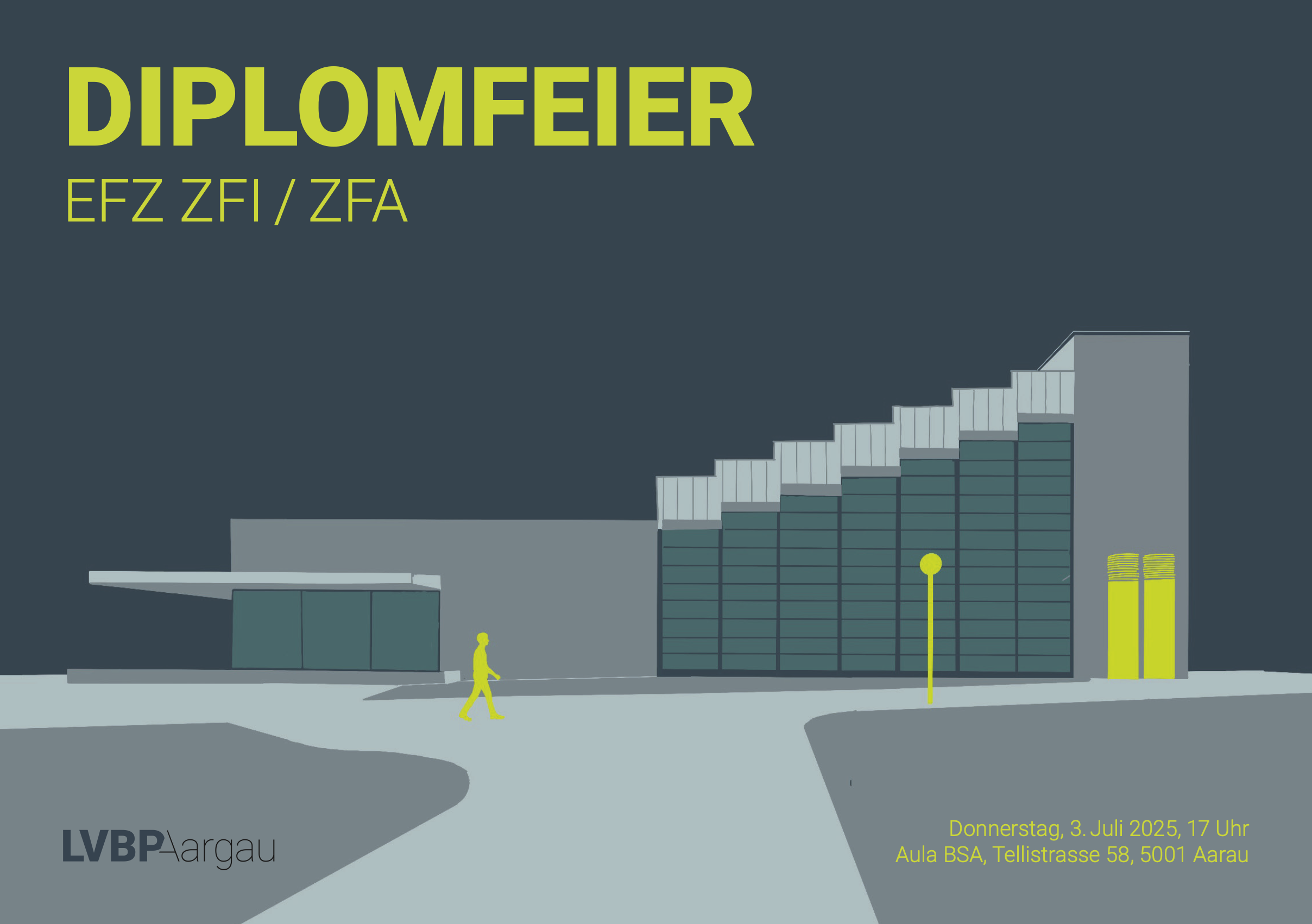 Einladungskarte zur Diplomfeier 2027 – gestaltet von Lernenden